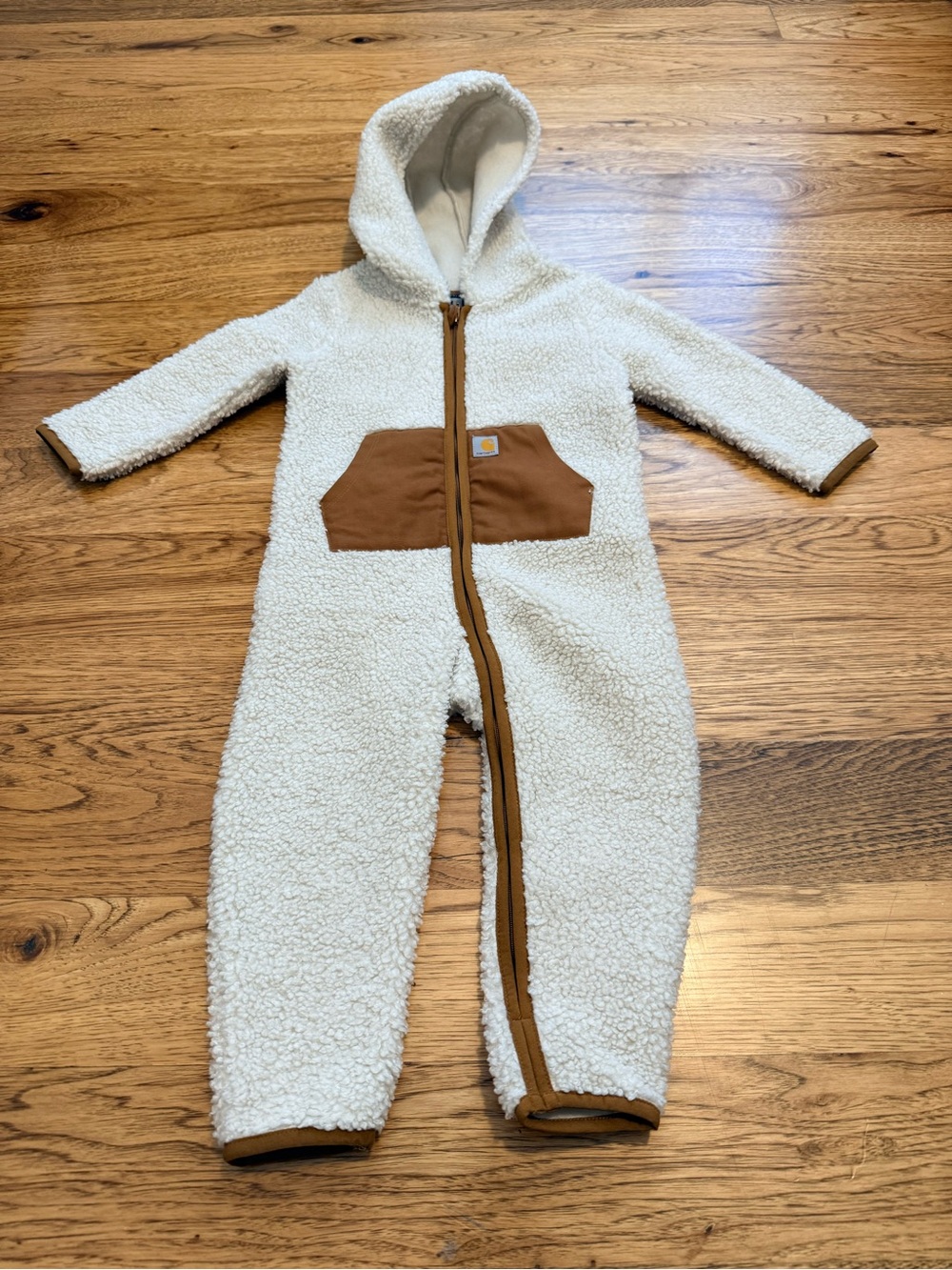 NWT-Carhartt Cream Sherpa Hooded One-Piece with Brown Pocket Trim